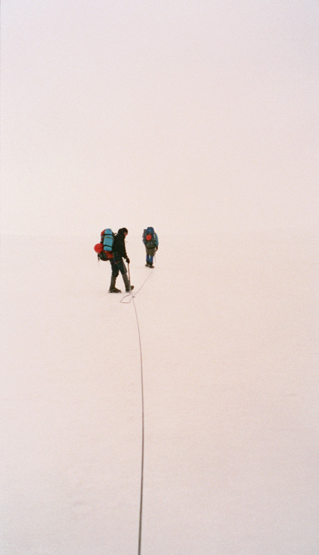 walking across a foggy glacier in norway